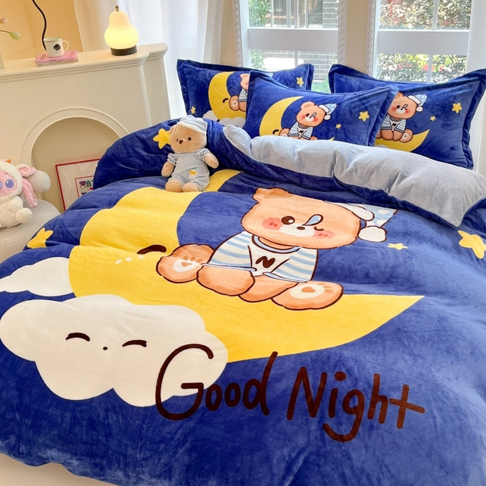 91家纺网 家纺一手货源 找家纺 喜梦缘 2025新款大版卡通牛奶绒印花四件套 月亮熊