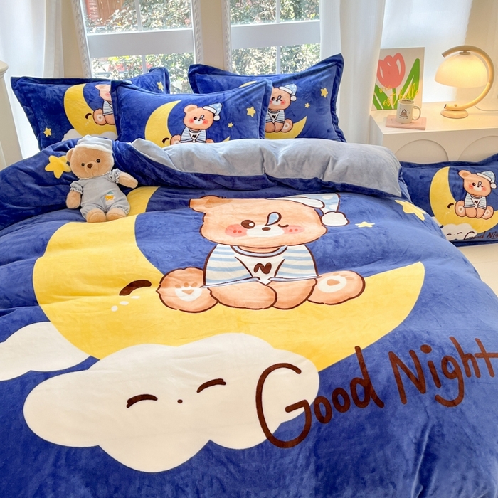 91家纺网 家纺一手货源 找家纺 喜梦缘 2025新款大版卡通牛奶绒印花四件套 月亮熊