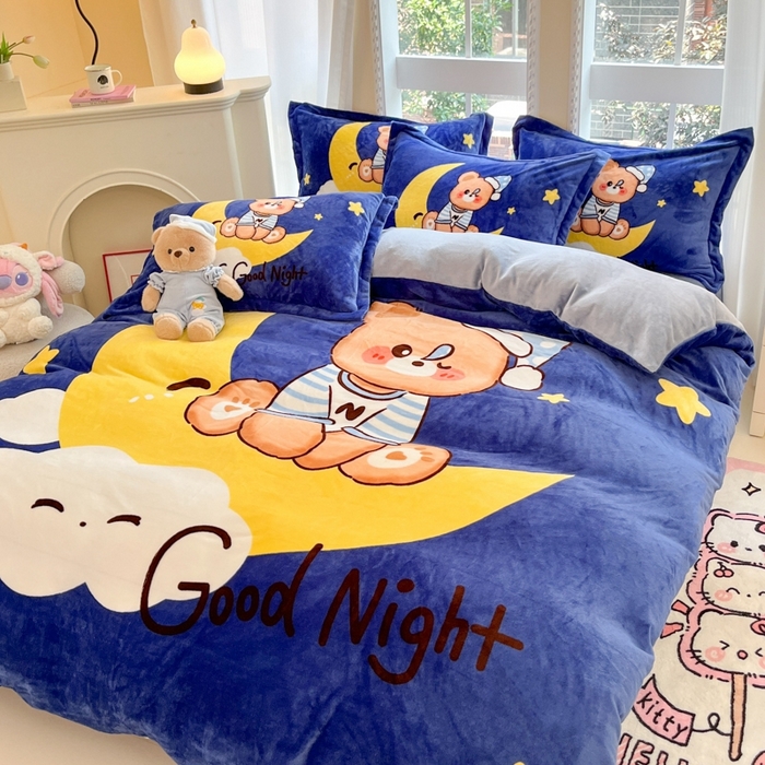 91家纺网 家纺一手货源 找家纺 喜梦缘 2025新款大版卡通牛奶绒印花四件套 月亮熊