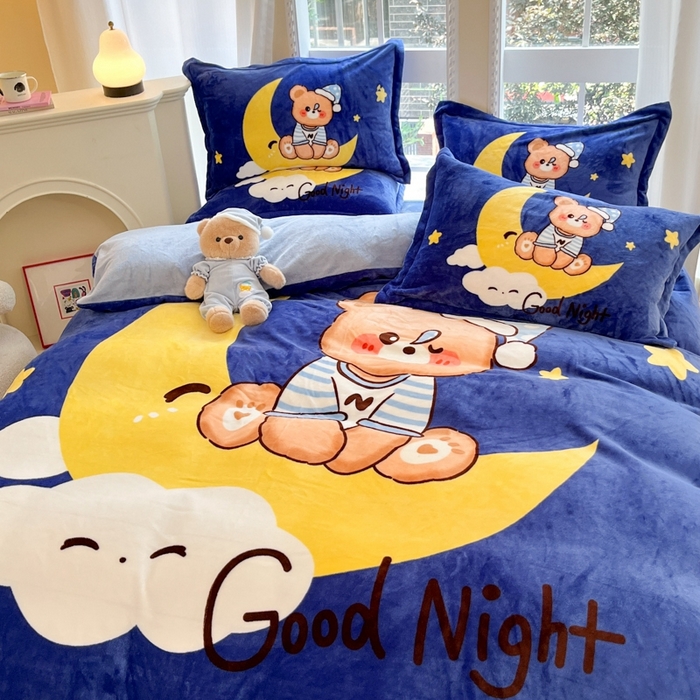 91家纺网 家纺一手货源 找家纺 喜梦缘 2025新款大版卡通牛奶绒印花四件套 月亮熊