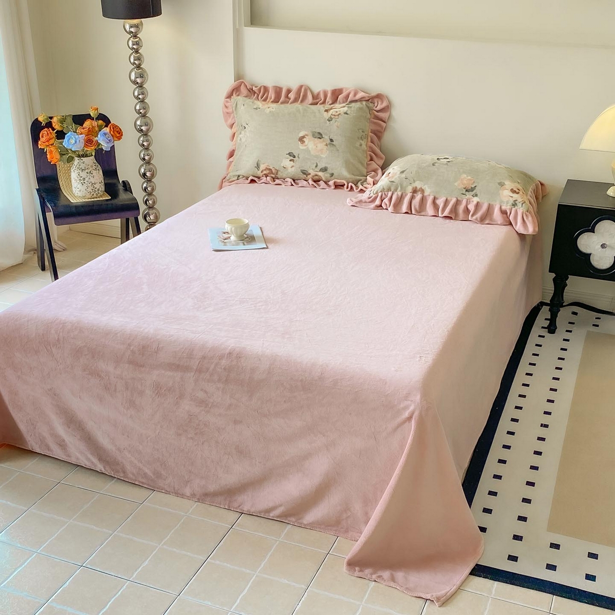 91家纺网 家纺一手货源 找家纺 慕希家纺 2025新款高克重牛奶绒花边款四件套 木棉花-绿