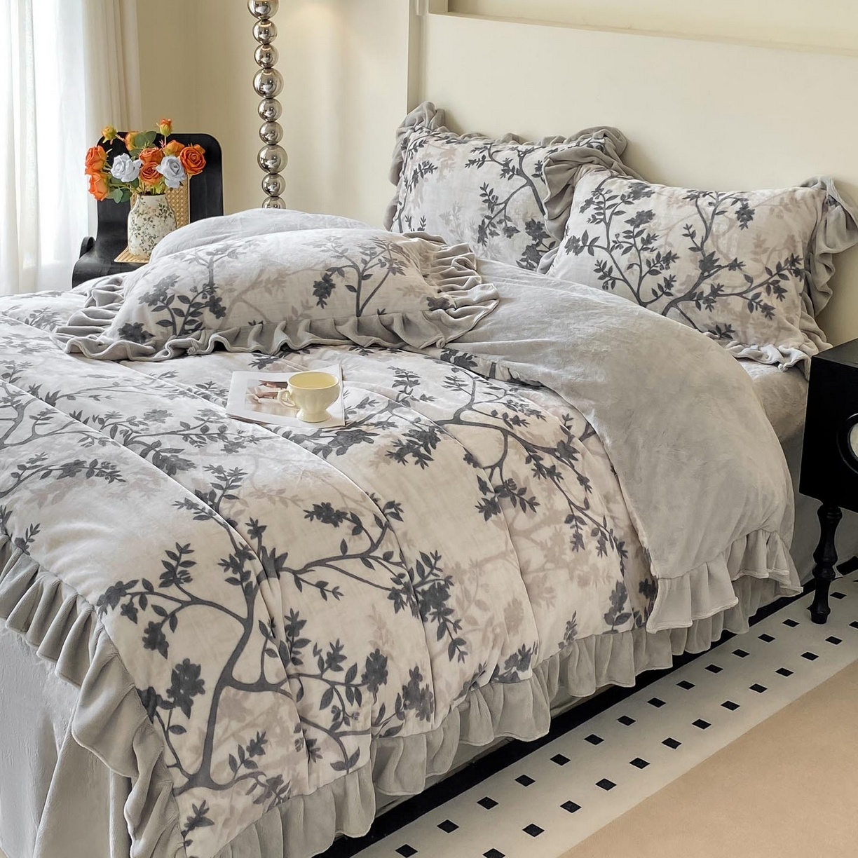 慕希家纺 2025新款高克重牛奶绒花边款四件套 山奈-米