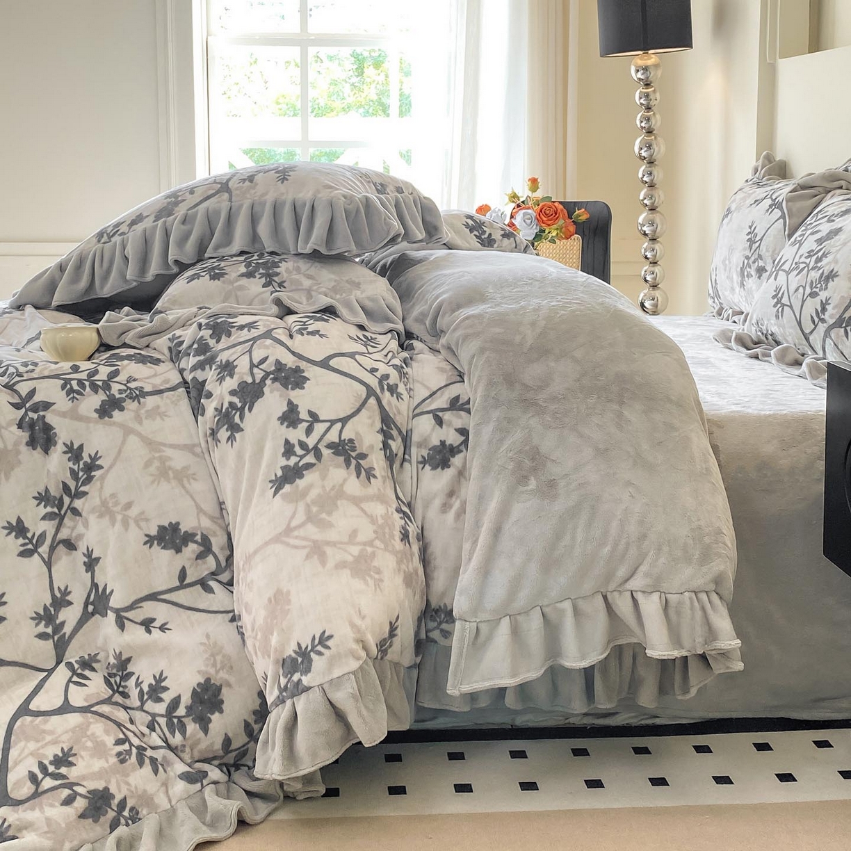 91家纺网 家纺一手货源 找家纺 慕希家纺 2025新款高克重牛奶绒花边款四件套 山奈-米