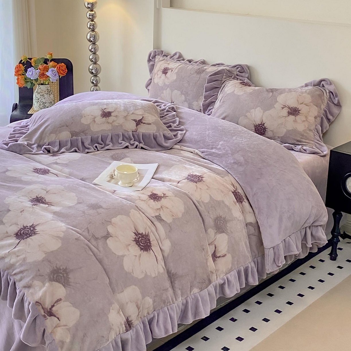 慕希家纺 2025新款高克重牛奶绒花边款四件套 虞美人-紫