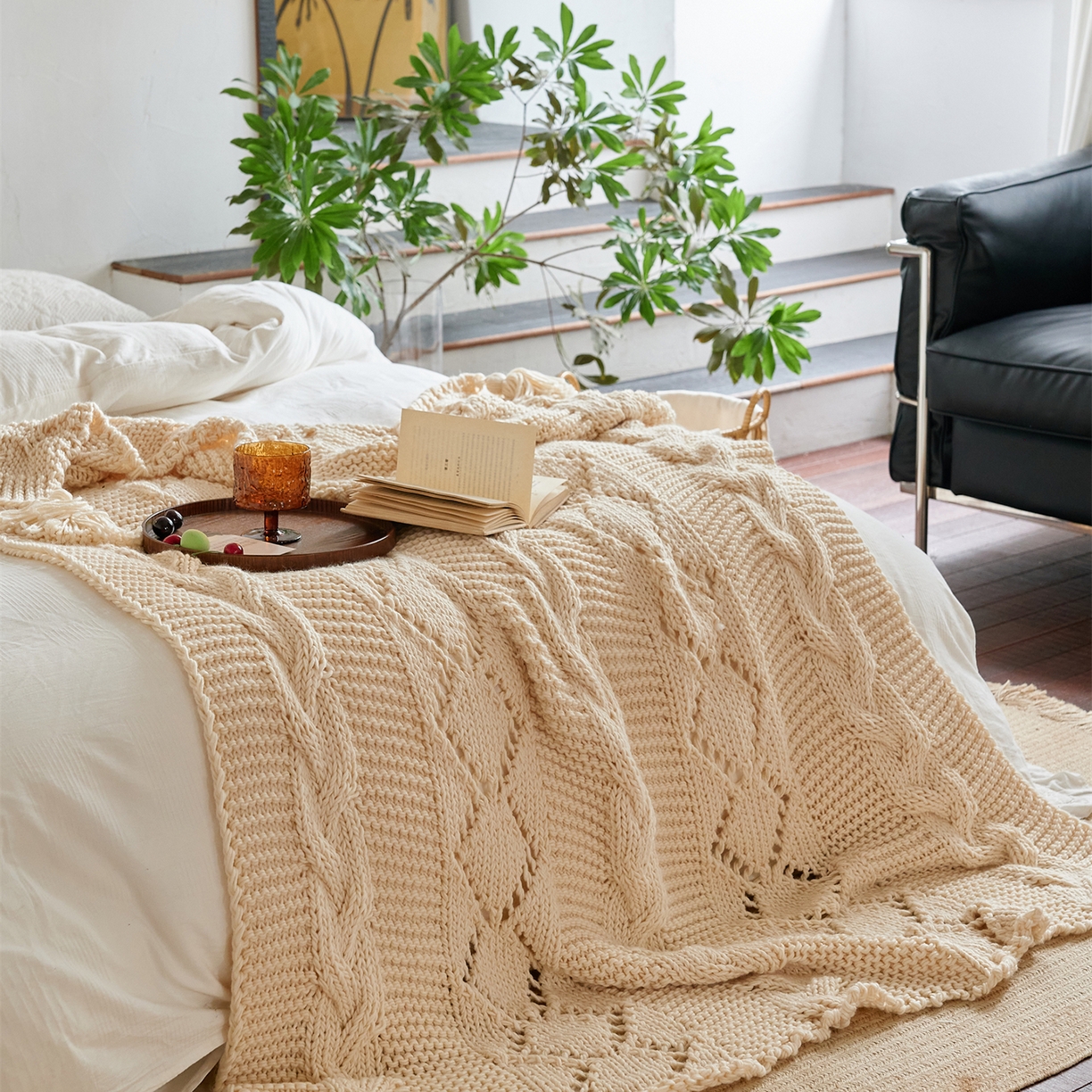 暖绵绵家纺 2025新款温柔编制感腈纶针织毯-霍恩 霍恩-米色