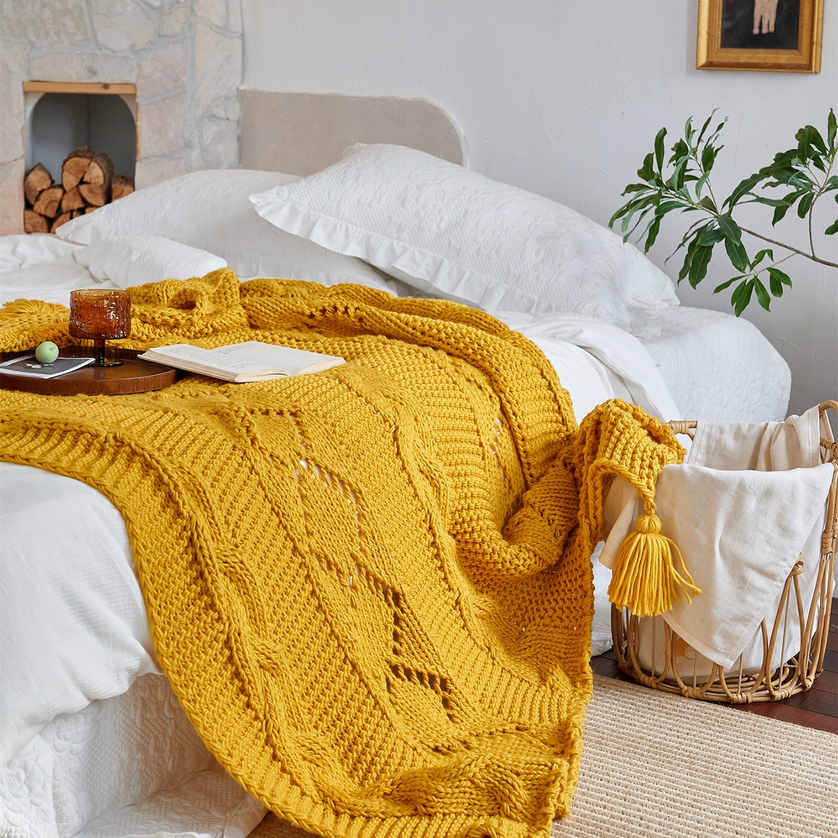 91家纺网 家纺一手货源 找家纺 暖绵绵家纺 2025新款温柔编制感腈纶针织毯-霍恩 霍恩-黄色