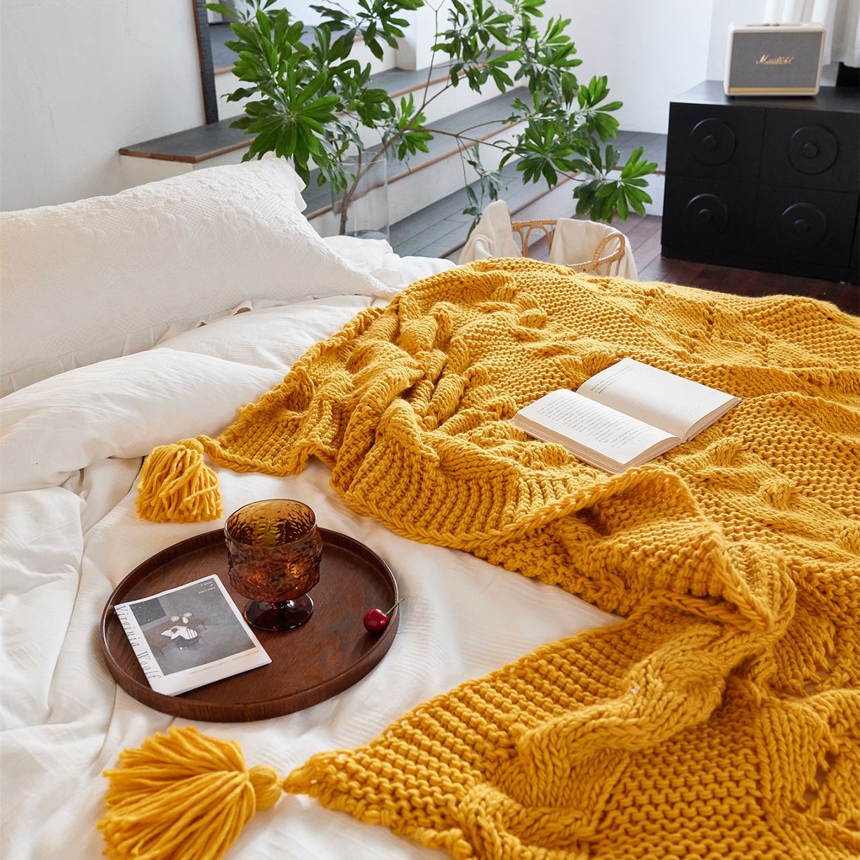 91家纺网 家纺一手货源 找家纺 暖绵绵家纺 2025新款温柔编制感腈纶针织毯-霍恩 霍恩-黄色