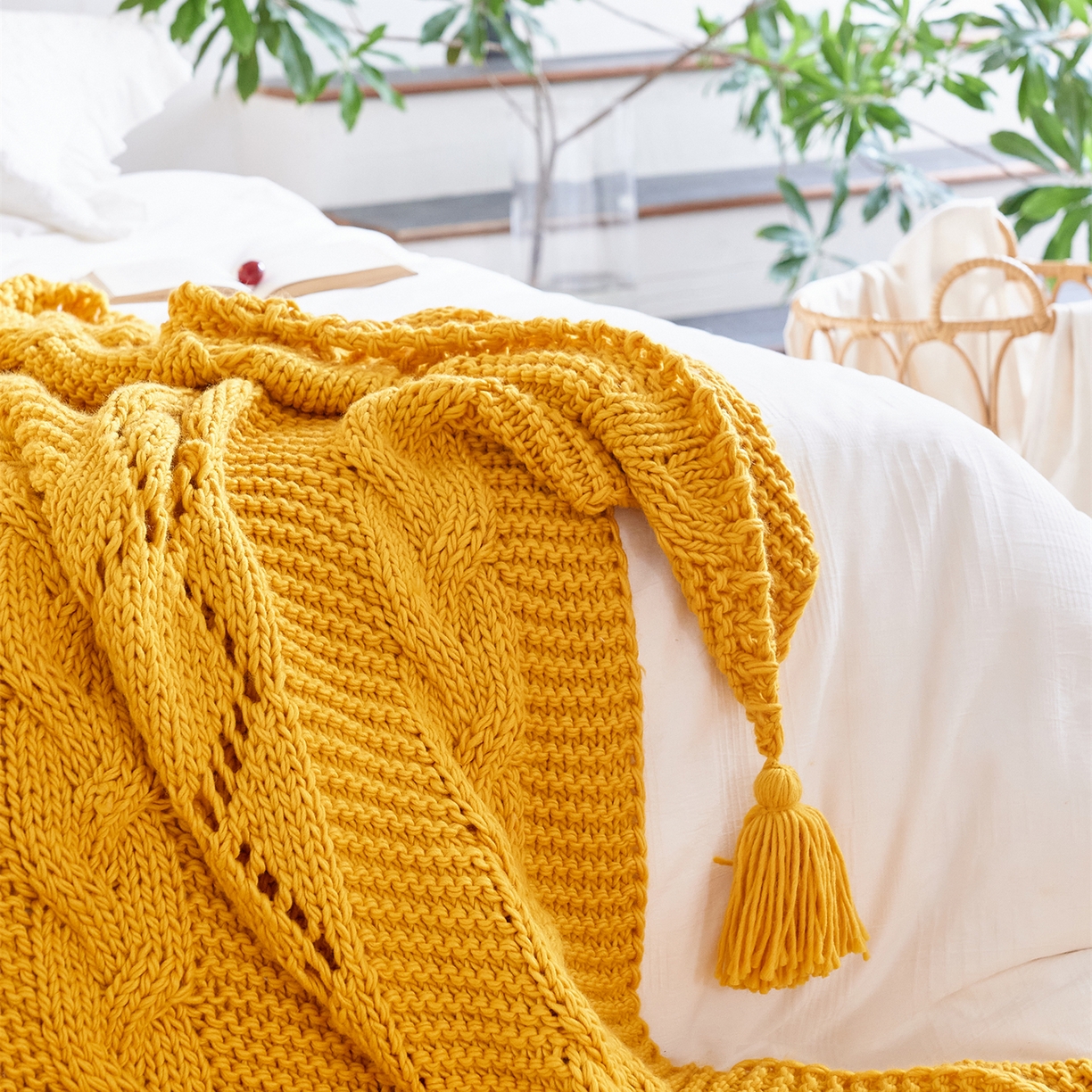 91家纺网 家纺一手货源 找家纺 暖绵绵家纺 2025新款温柔编制感腈纶针织毯-霍恩 霍恩-黄色