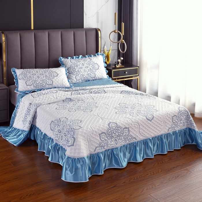 典曼家纺 2025新款北欧风针织棉床盖三件套床盖 蓝色菊海