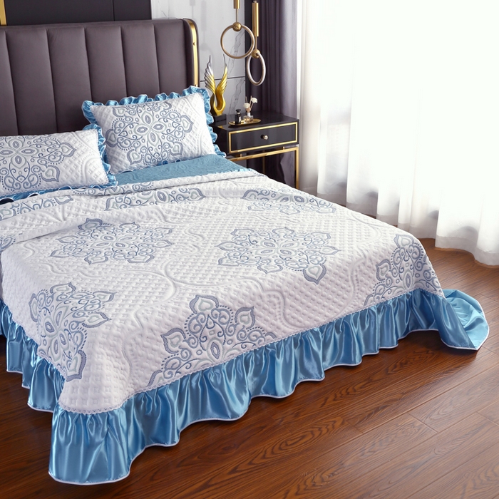 91家纺网 家纺一手货源 找家纺 典曼家纺 2025新款北欧风针织棉床盖三件套床盖 蓝色菊海