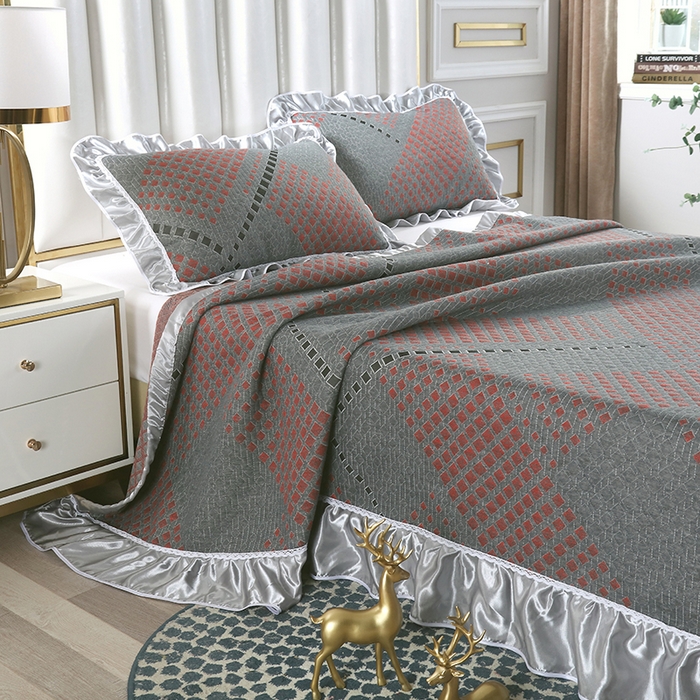 91家纺网 家纺一手货源 找家纺 典曼家纺 2025新款北欧风针织棉床盖三件套床盖 欧德堡-红