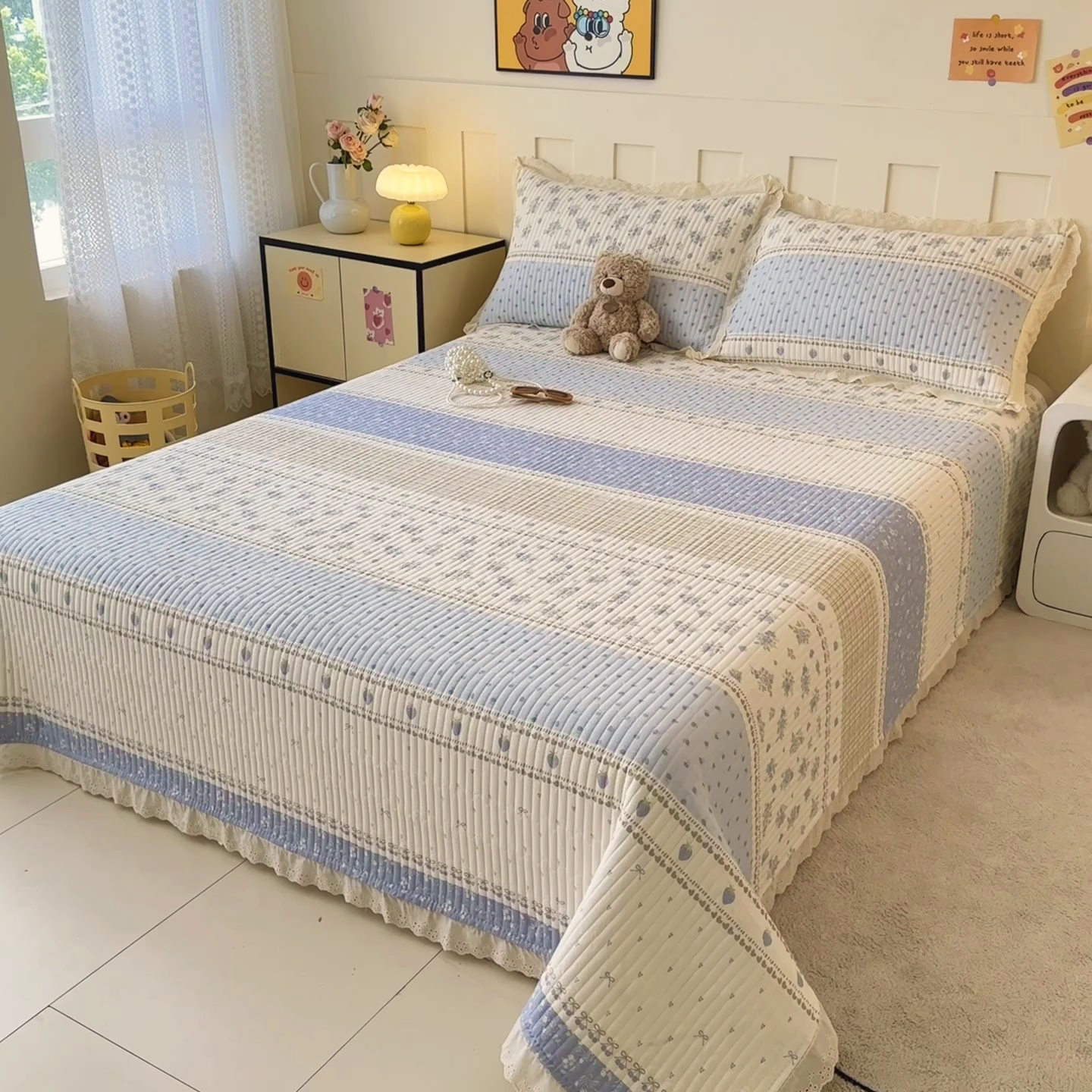 91家纺网 家纺一手货源 找家纺 岚吉家纺 2026新款云朵棉床盖三件套 小苍蓝