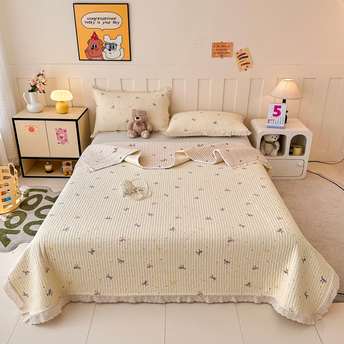 91家纺网 家纺一手货源 找家纺 岚吉家纺 2026新款云朵棉床盖三件套 多彩蝴蝶结