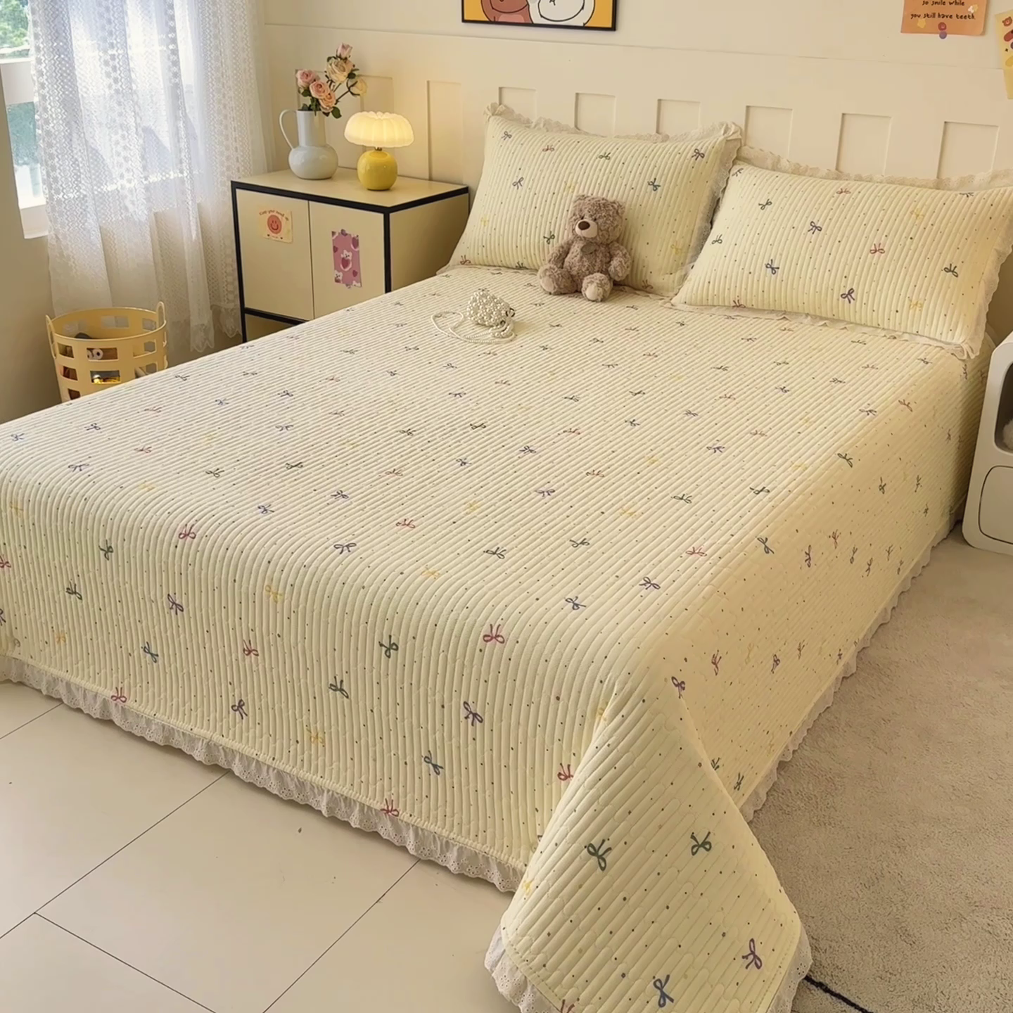 91家纺网 家纺一手货源 找家纺 岚吉家纺 2026新款云朵棉床盖三件套 多彩蝴蝶结