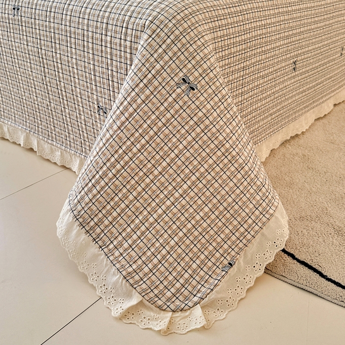 91家纺网 家纺一手货源 找家纺 岚吉家纺 2026新款云朵棉床盖三件套 格子蝴蝶结