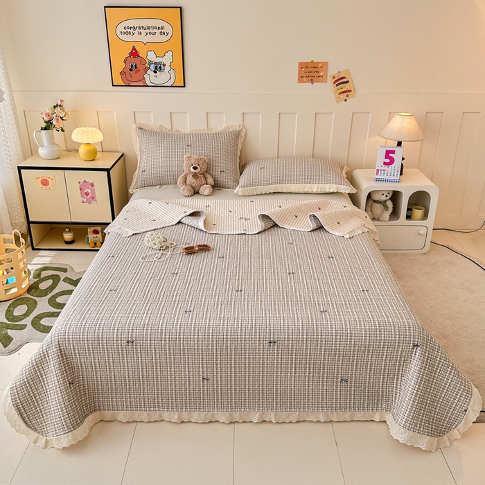 91家纺网 家纺一手货源 找家纺 岚吉家纺 2026新款云朵棉床盖三件套 格子蝴蝶结