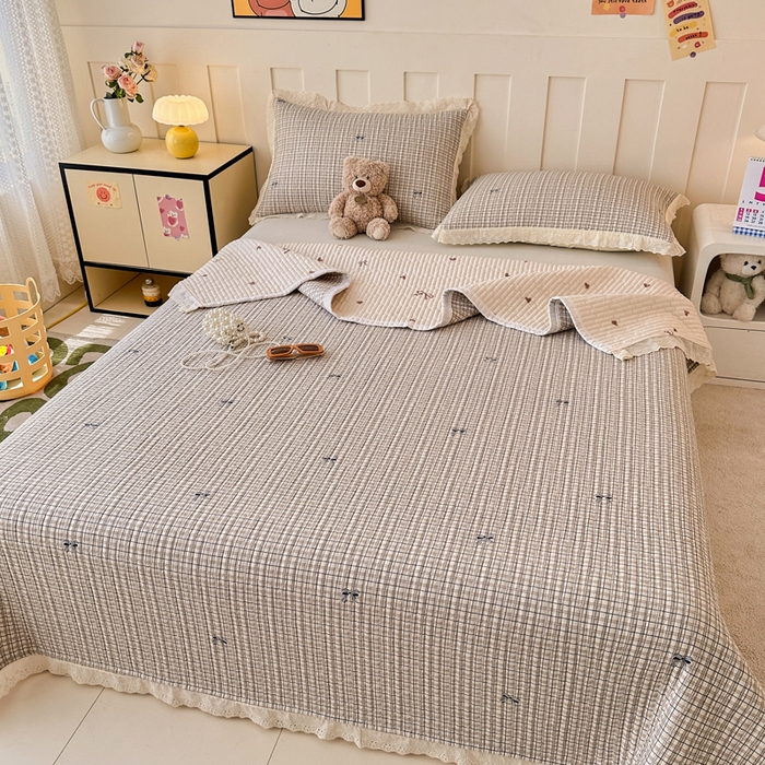 91家纺网 家纺一手货源 找家纺 岚吉家纺 2026新款云朵棉床盖三件套 格子蝴蝶结