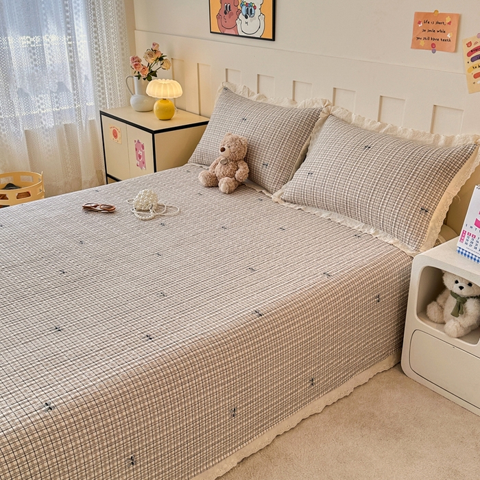 91家纺网 家纺一手货源 找家纺 岚吉家纺 2026新款云朵棉床盖三件套 格子蝴蝶结