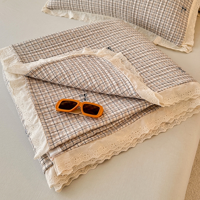 91家纺网 家纺一手货源 找家纺 岚吉家纺 2026新款云朵棉床盖三件套 格子蝴蝶结