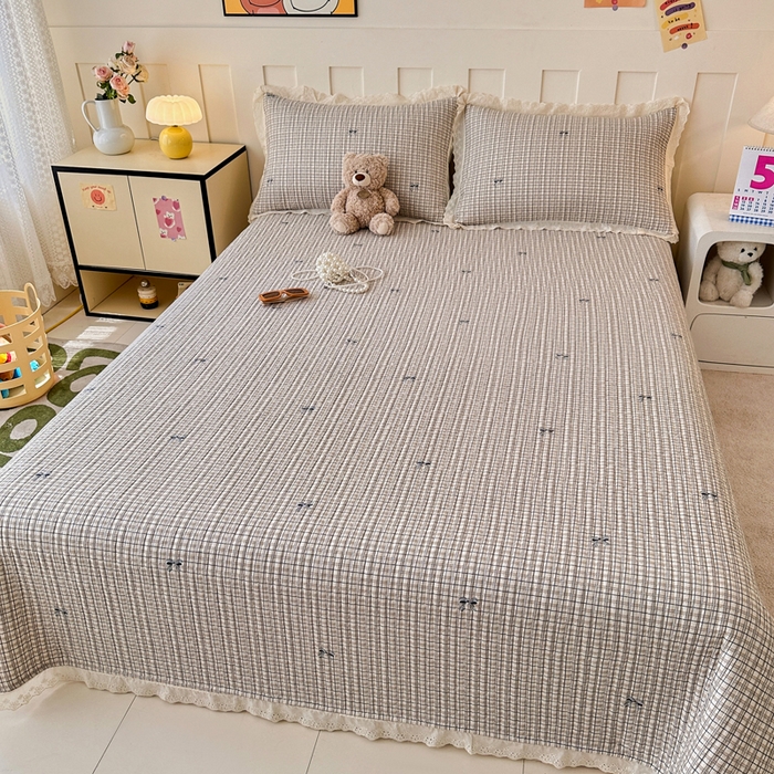 91家纺网 家纺一手货源 找家纺 岚吉家纺 2026新款云朵棉床盖三件套 格子蝴蝶结