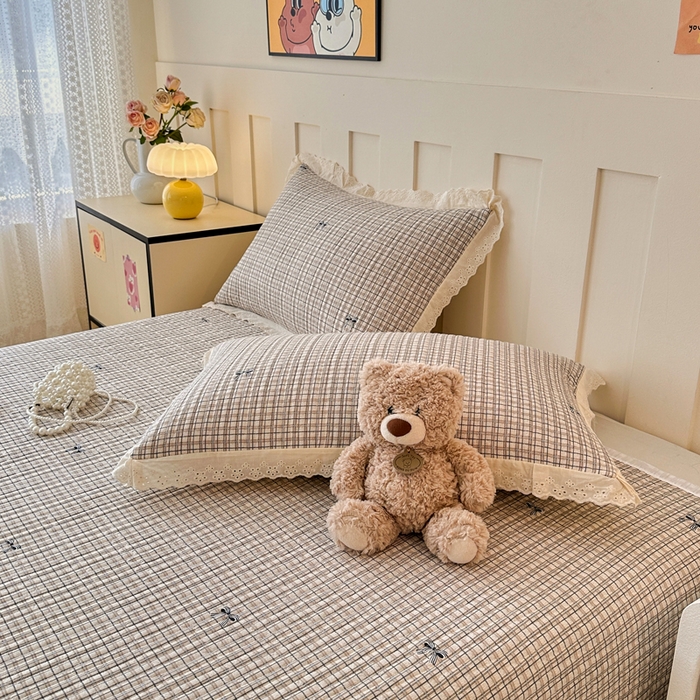 91家纺网 家纺一手货源 找家纺 岚吉家纺 2026新款云朵棉床盖三件套 格子蝴蝶结