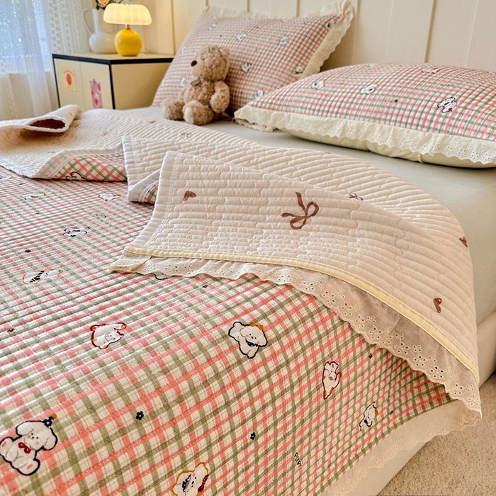 91家纺网 家纺一手货源 找家纺 岚吉家纺 2026新款云朵棉床盖三件套 格子小狗