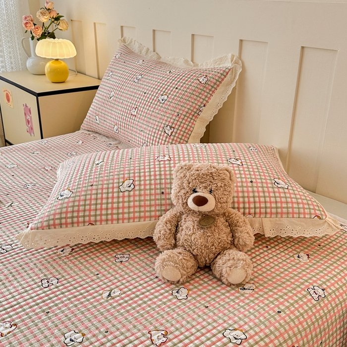 91家纺网 家纺一手货源 找家纺 岚吉家纺 2026新款云朵棉床盖三件套 格子小狗