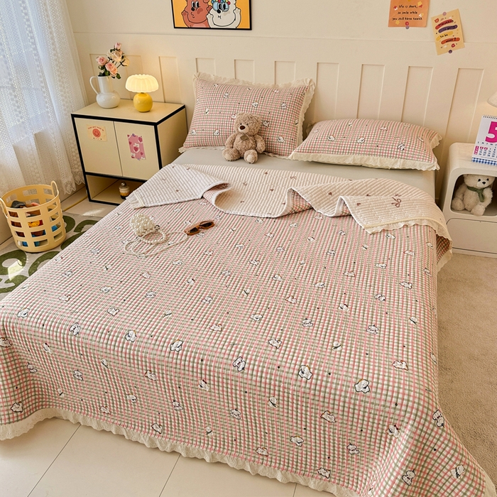 91家纺网 家纺一手货源 找家纺 岚吉家纺 2026新款云朵棉床盖三件套 格子小狗