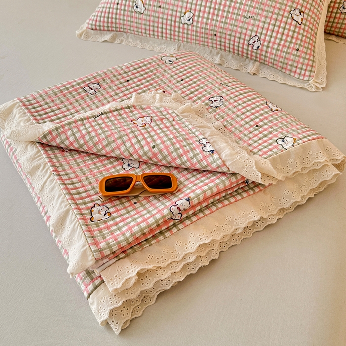 91家纺网 家纺一手货源 找家纺 岚吉家纺 2026新款云朵棉床盖三件套 格子小狗