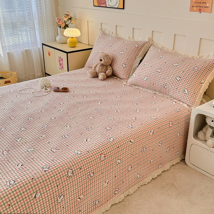 91家纺网 家纺一手货源 找家纺 岚吉家纺 2026新款云朵棉床盖三件套 格子小狗