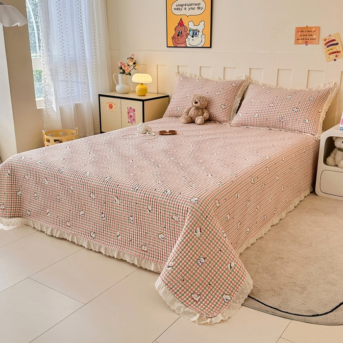 91家纺网 家纺一手货源 找家纺 岚吉家纺 2026新款云朵棉床盖三件套 格子小狗