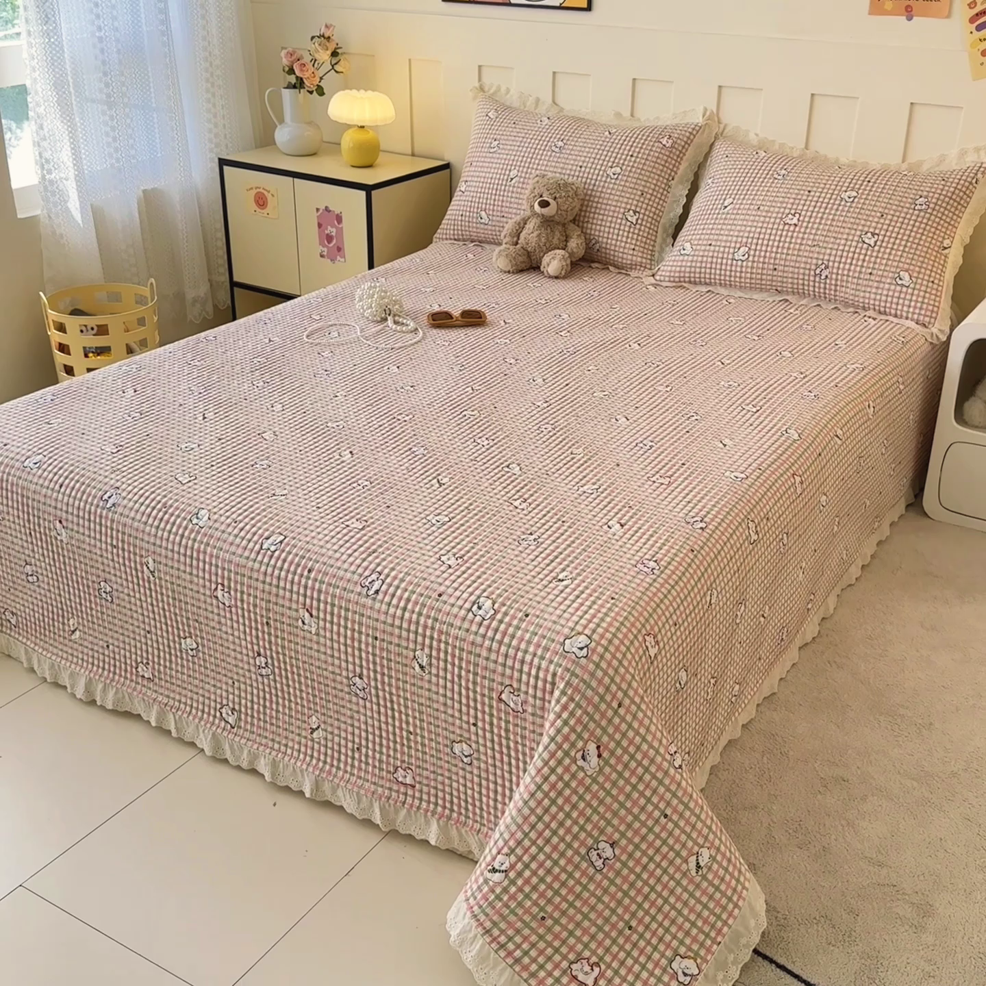 91家纺网 家纺一手货源 找家纺 岚吉家纺 2026新款云朵棉床盖三件套 格子小狗