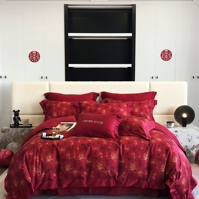 （总）初拾 2023新款100支澳棉数码印花简约婚庆四件套