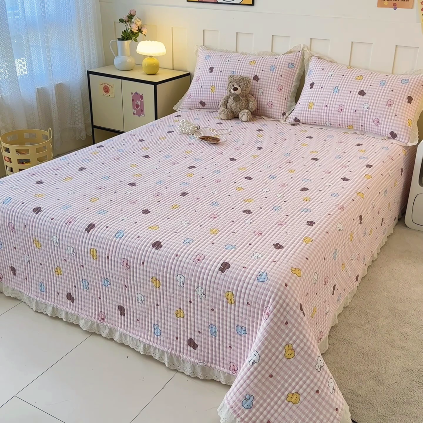 91家纺网 家纺一手货源 找家纺 岚吉家纺 2026新款云朵棉床盖三件套 兔兔乐园