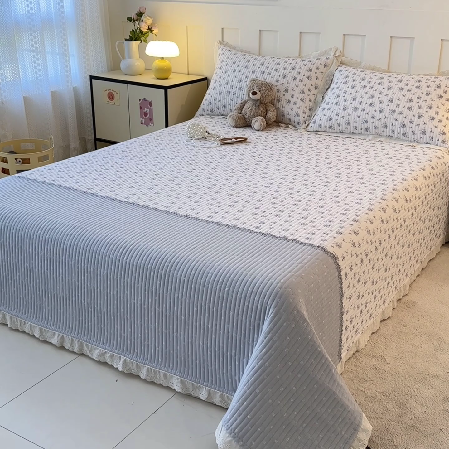 91家纺网 家纺一手货源 找家纺 岚吉家纺 2026新款云朵棉床盖三件套 幽兰