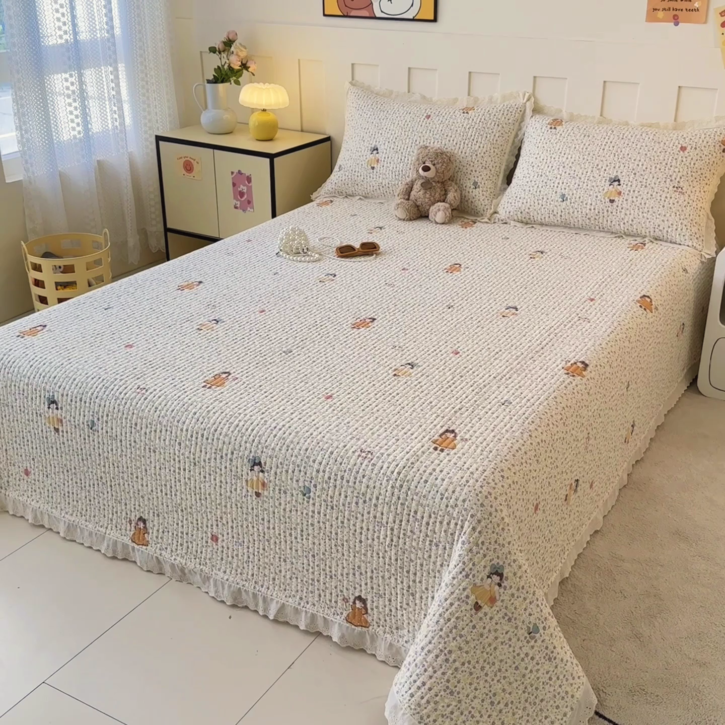 91家纺网 家纺一手货源 找家纺 岚吉家纺 2026新款云朵棉床盖三件套 元气女孩