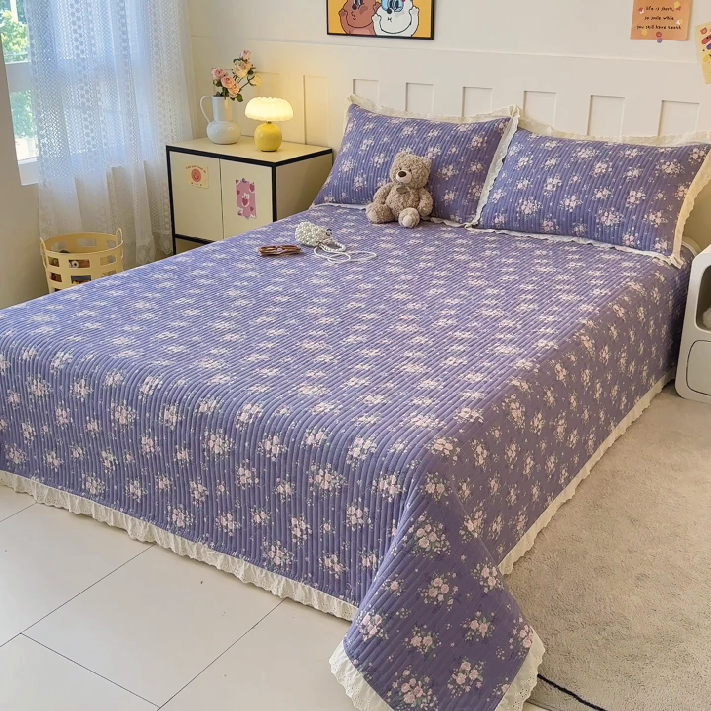 91家纺网 家纺一手货源 找家纺 岚吉家纺 2026新款云朵棉床盖三件套 紫苏