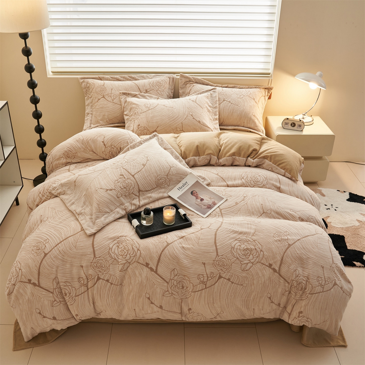 91家纺网 家纺一手货源 找家纺 恒爱家纺 2025新款牛奶绒立体剪花四件套 出水芙蓉-浅咖