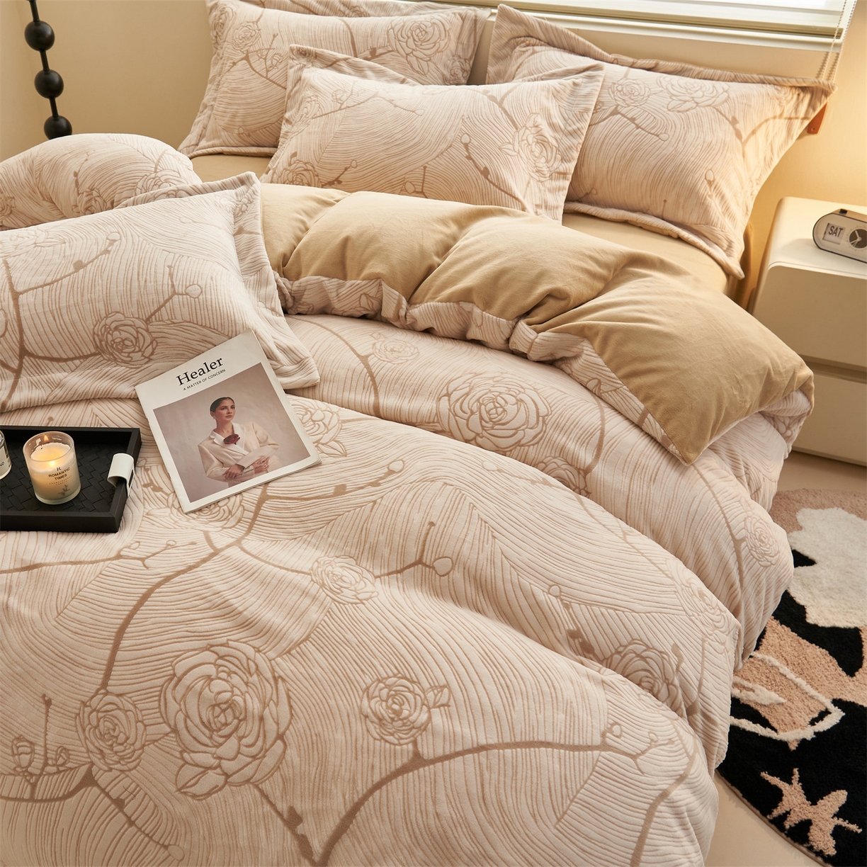 91家纺网 家纺一手货源 找家纺 恒爱家纺 2025新款牛奶绒立体剪花四件套 出水芙蓉-浅咖