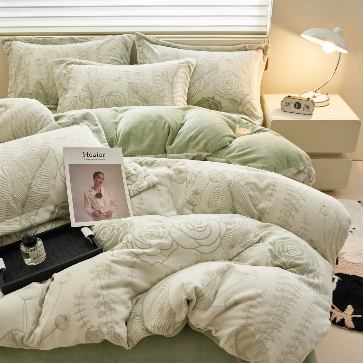 恒爱家纺 2025新款牛奶绒立体剪花四件套 出水芙蓉-浅绿