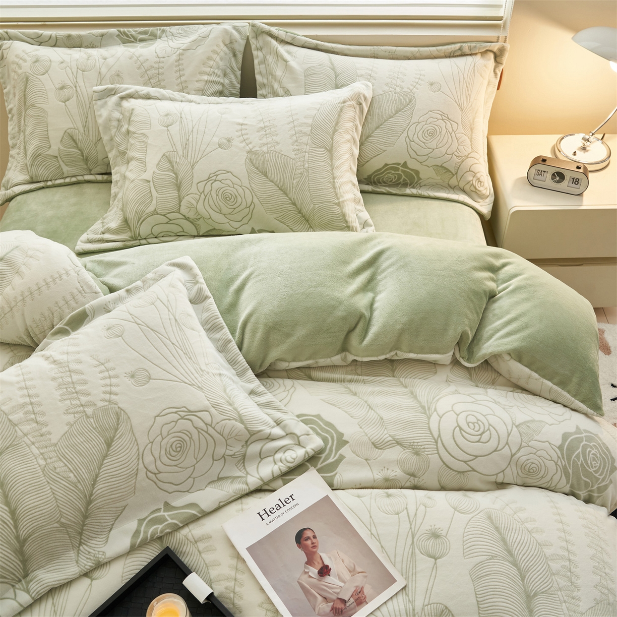 91家纺网 家纺一手货源 找家纺 恒爱家纺 2025新款牛奶绒立体剪花四件套 出水芙蓉-浅绿