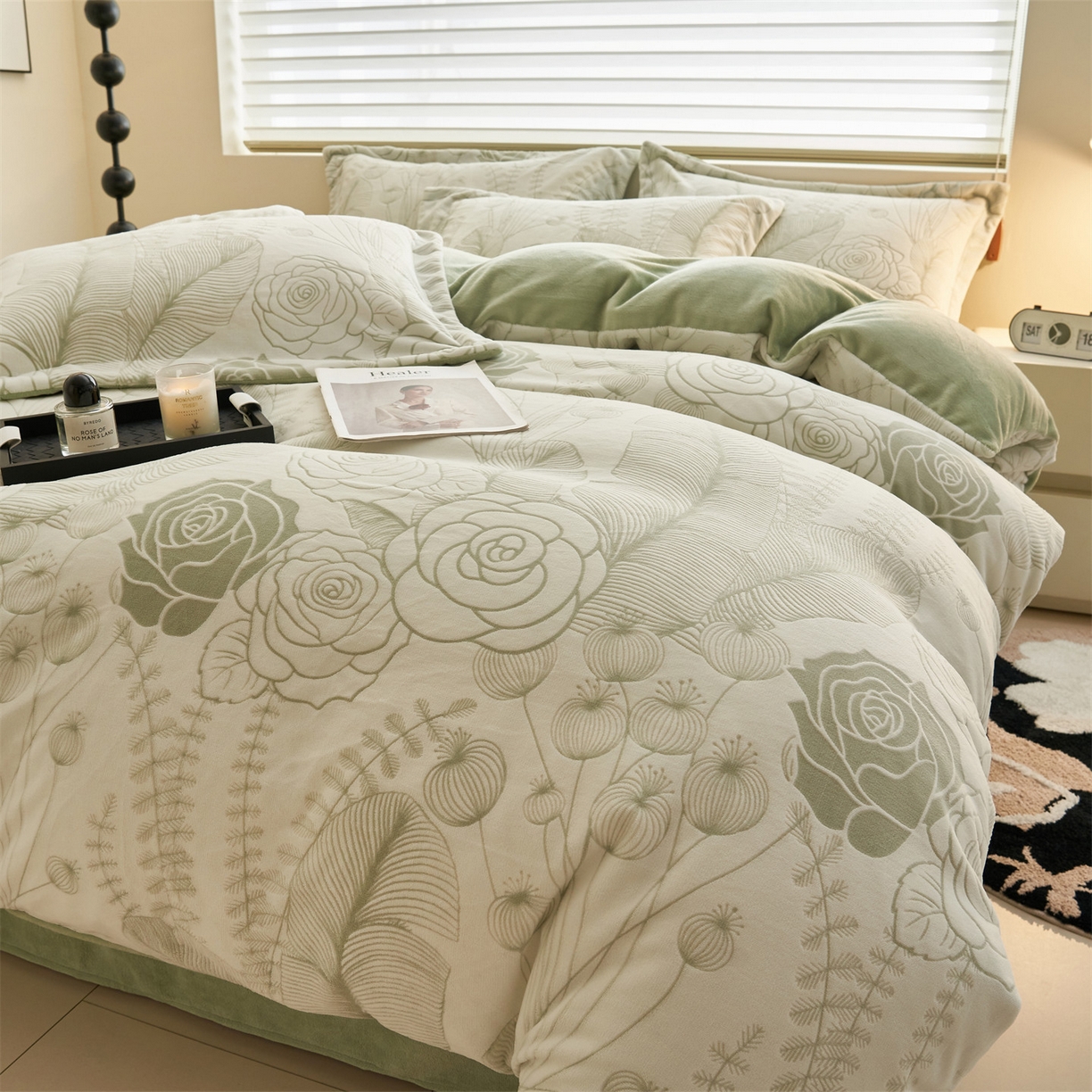 91家纺网 家纺一手货源 找家纺 恒爱家纺 2025新款牛奶绒立体剪花四件套 出水芙蓉-浅绿