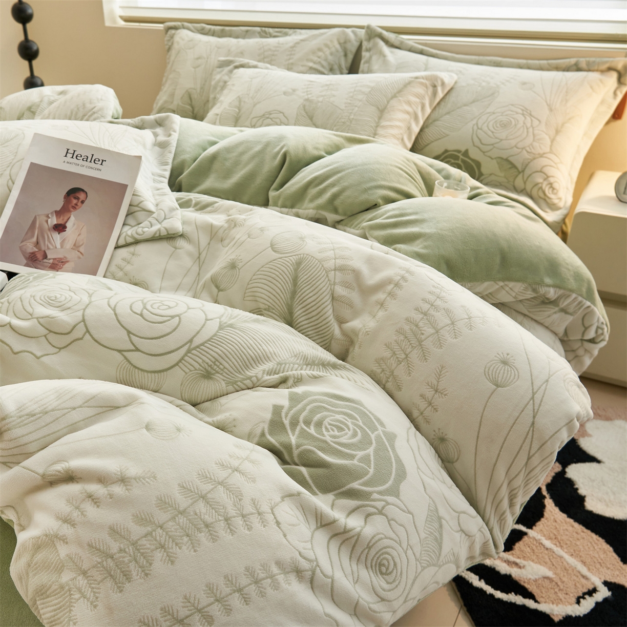 91家纺网 家纺一手货源 找家纺 恒爱家纺 2025新款牛奶绒立体剪花四件套 出水芙蓉-浅绿