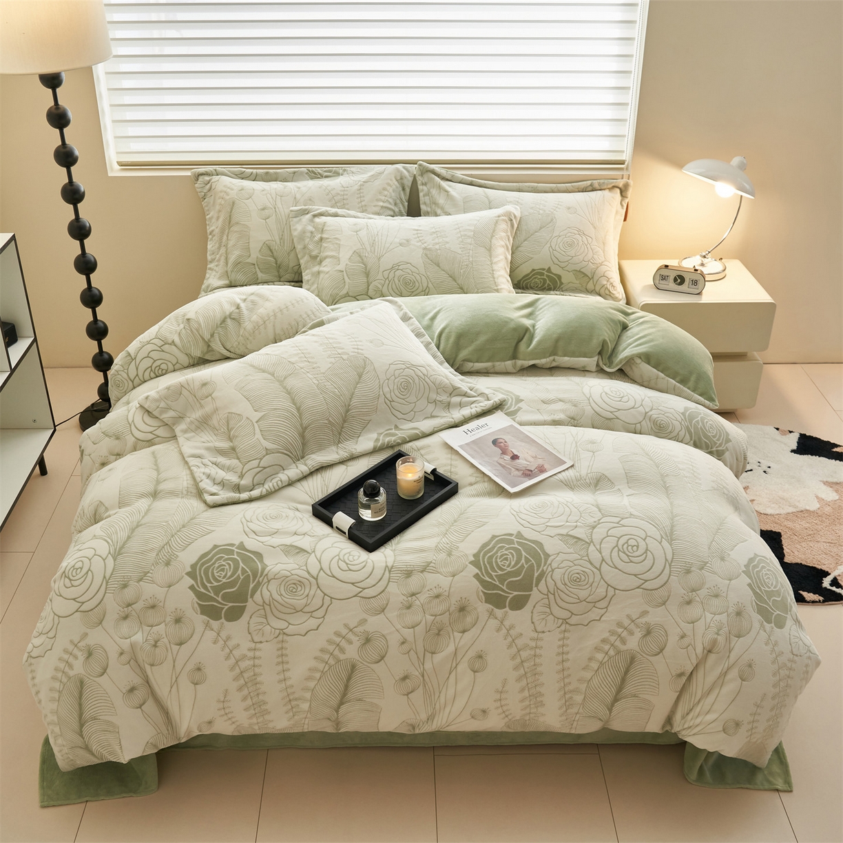 91家纺网 家纺一手货源 找家纺 恒爱家纺 2025新款牛奶绒立体剪花四件套 出水芙蓉-浅绿