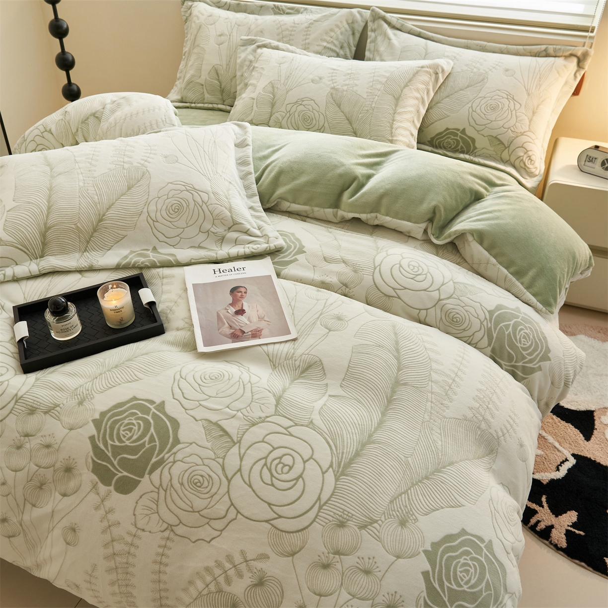 91家纺网 家纺一手货源 找家纺 恒爱家纺 2025新款牛奶绒立体剪花四件套 出水芙蓉-浅绿