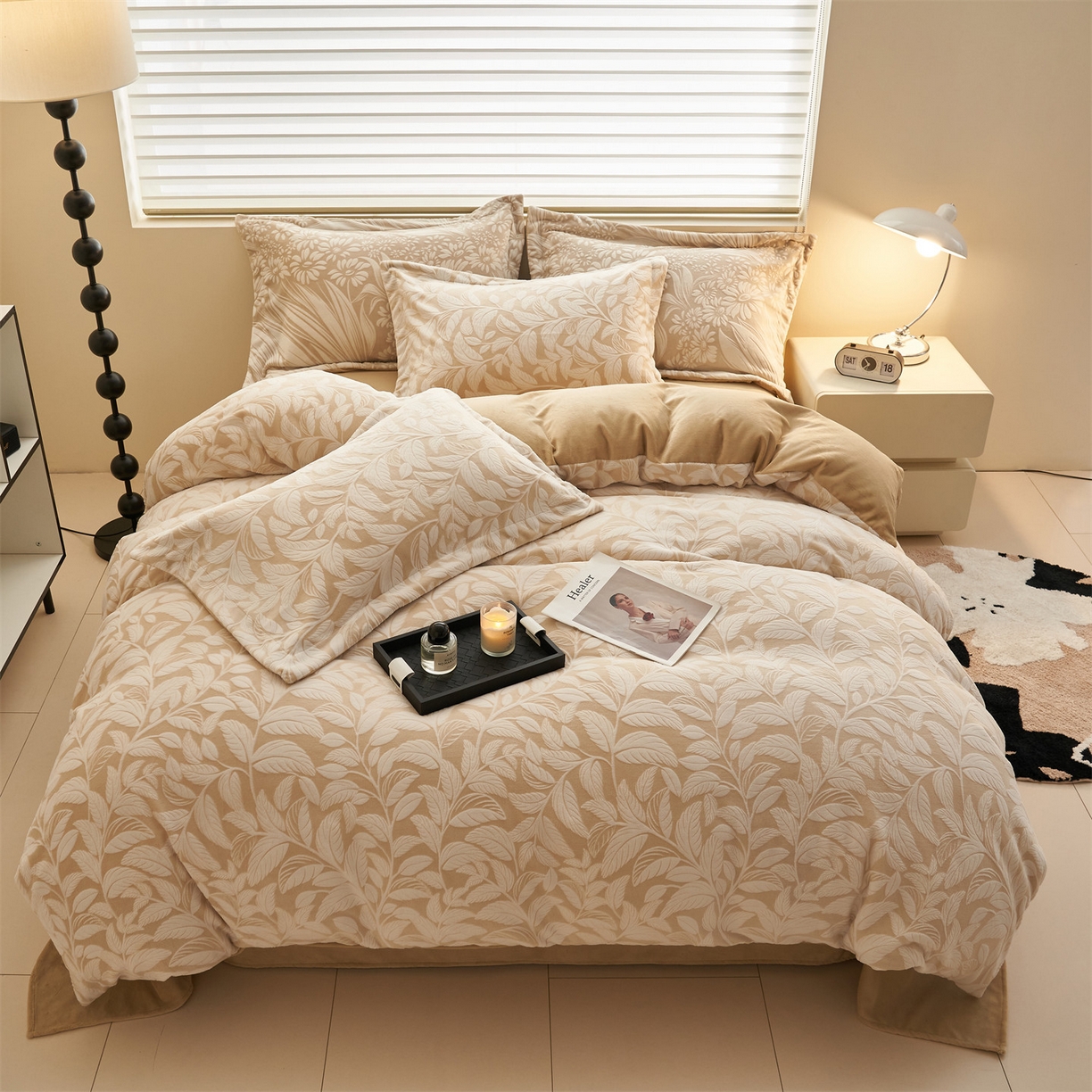 91家纺网 家纺一手货源 找家纺 恒爱家纺 2025新款牛奶绒立体剪花四件套 春和蜜叶-浅咖