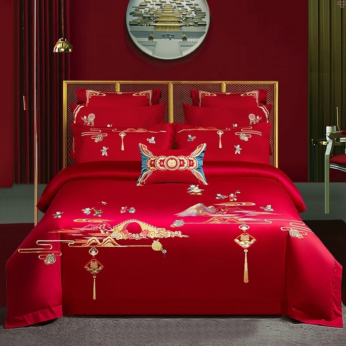 91家纺网 家纺一手货源 找家纺 （总）柏拉图 2025新款100s贡缎长绒棉提花婚庆系列四件套多件套