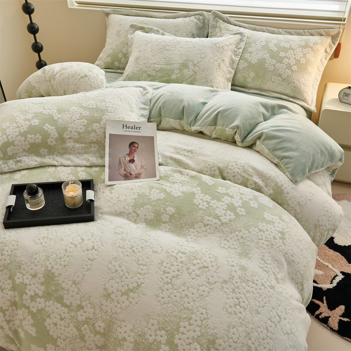 91家纺网 家纺一手货源 找家纺 恒爱家纺 2025新款牛奶绒立体剪花四件套 春景小花-绿