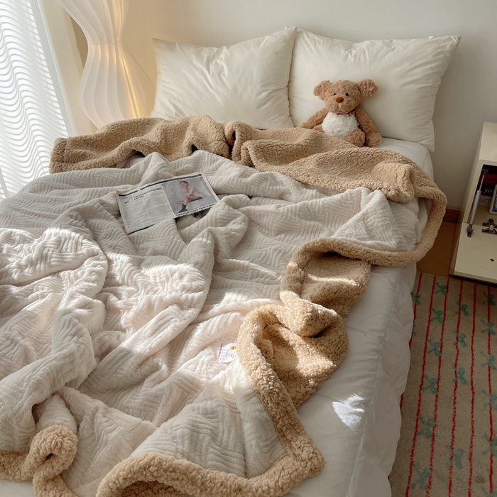 91家纺网 家纺一手货源 找家纺 顾里家纺 2025新款韩系提花兔毛绒毯毛毯毯子 奶杏咖