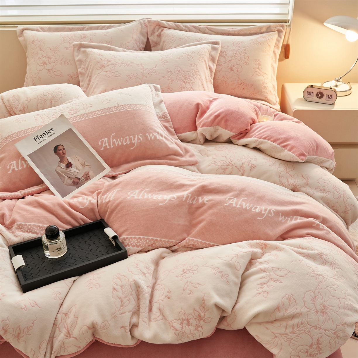 恒爱家纺 2025新款牛奶绒立体剪花四件套 单边花漾-粉色